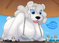 bikini drawing giantess white_hair furry tail anthro color large_breasts long_hair tongue swimsuit blue_eyes text beach bunny cleavage bear smiling bending_over looming outdoors nervous dialogue under_hand pale_skin denatureda