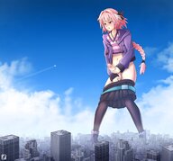 drawing masturbation city mega color long_hair giant male penis skirt buildings anime red_eyes pink_hair airplane outdoors crossdressing braid thigh_highs semi_nude bangs femboy thunderafterdark fate/grand_order fate_(series) astolfo