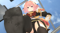 feet upskirt armor male clothed toes soles low_angle insole knight smiling socks pink_hair short_hair foot_crush shrunken_people looking_down trapped under_foot crossdressing thigh_highs raised_foot hands_on_hips in_sock bangs inside_sock digital_render femboy fate/grand_order fate_(series) polyphius astolfo