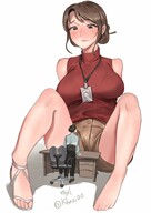 drawing feet blushing color large_breasts barefoot high_heels brunette brown_eyes sitting desk no_background looking_at_tiny 까시 kkasi00