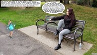 collage long_hair brunette story park sitting shrunken_man outdoors bench dialogue audrianaskye