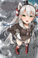 drawing giantess white_hair giga city color destruction yellow_eyes airplane kantai_collection rakia foot_prints amatsukaze