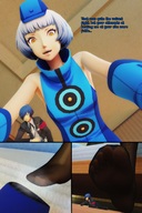 white_hair feet comic clothed toes soles stockings low_angle story short_hair foot_crush looming shrunken_man indoors hat smelly orange_eyes raised_foot panels running_away bangs looking_at_tiny persona digital_render persona_3 bantoras elizabeth_(persona)