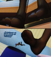 feet comic clothed toes soles stockings story foot_crush shrunken_man falling between_toes indoors under_foot dropped dialogue panels shoe_insertion persona digital_render persona_3 bantoras elizabeth_(persona)