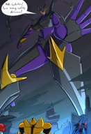 breasts drawing giantess giga horns alien color robot destruction smiling pink_eyes reaching ruins point_of_view dialogue looking_at_tiny transformers arcee extra_limbs caiman2 extra_eyes bumblebee sxgodzilla airachnid cybertron