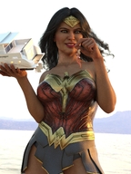 bikini breasts giantess mega blonde black_hair armor handheld skirt dangle boats between_fingers wonder_woman tiara yacht looking_at_tiny digital_render dc_comics crisp2502