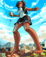 drawing giantess city mega black_hair color large_breasts destruction handheld barefoot brown_eyes foot_crush looking_down gareit0