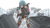 drawing giantess city color destruction green_eyes blue_hair shotgun exosuit sigure_dd142 夏風時雨