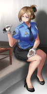 breasts drawing color blue_eyes handheld skirt high_heels brunette gloves police shrunken_men sitting uniform shrunken_woman belt hair_bun police_officer kuroihassan