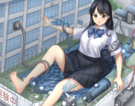 drawing giantess black_hair color destruction barefoot water wet uniform pool hose takano