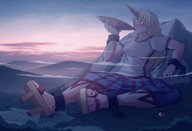 drawing giantess mega blonde color clothed demon touhou red_eyes sandals oni village mountains drinking flying resting yuugi_hoshiguma sunrise horn reimu_hakurei imminent_crush shrine_maiden glowing_eyes sake imminent_destruction thunderafterdark cuffs