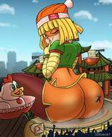 drawing female giantess blonde color butt clothed butt_crush green_eyes grinning stadium sitting grin nintendo hugging thighs outdoors arms looking_at_viewer commission winking chinese_dress skintight_clothing min_min nightingale122 dakunart leon_takayashi
