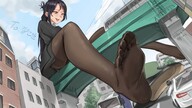 drawing feet city black_hair color toes high_heels buildings soles anime stockings train low_angle smiling sitting looking_down vehicles outdoors office_lady looking_at_tiny discarded_footwear kkasi00