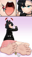 drawing pokemon feet vore black_hair color tongue blue_eyes clothed handheld toes barefoot soles saliva anime sequence low_angle short_hair sitting shrunken_man open_mouth dangle choker panels imminent_vore no_background looking_at_tiny yuitak marnie