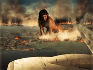 bikini giantess collage city mega black_hair destruction fire looking_down smoke all_fours aerial_view clivic
