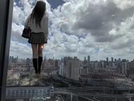 giantess collage city mega black_hair butt destruction skirt socks uniform explosion jets highway handbag bare_legs clivic