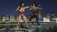 breasts giantess city mega black_hair large_breasts long_hair armor bridge cleavage water buildings boots fighting open_mouth giantesses punch onlookers wonder_woman leotard bracelet tiara wading lasso digital_render dc_comics bare_legs roodedude