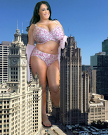 breasts giantess collage panties city mega black_hair barefoot cleavage bra huge_breasts underwear bbw red_nails looking_at_viewer chicago leanne_crow visionjack123