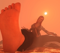 giantess feet large_breasts barefoot red_hair sun sitting point_of_view looking_at_viewer digital_render velocityvektor