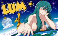drawing giantess blushing giga horns space color long_hair blue_eyes clothed planet cleavage playful anime smiling lum urusei_yatsura green_hair lying_down oni looking_down outdoors monster_girl thigh_highs looking_at_viewer continents raised_feet skimpy_clothing pointed_ears danfer3