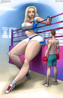 drawing blonde color large_breasts blue_eyes mini_giantess boxing_ring looking_at_tiny billy_nunez