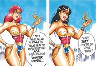 breasts drawing giantess tail city mega comic black_hair color large_breasts armor cleavage cheetah giganta red_hair paint costume wonder_woman leotard bracelet dialogue tiara joe_gravel lasso dc_comics bare_legs