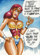breasts drawing giantess tail city mega color large_breasts armor handheld cleavage cheetah giganta red_hair costume wonder_woman leotard bracelet dialogue tiara joe_gravel dc_comics bare_legs
