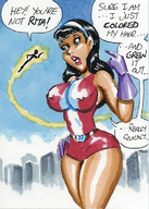 breasts drawing giantess city mega black_hair color large_breasts long_hair skirt buildings gloves costume lois_lane doom_patrol belt headband dialogue hands_on_hips joe_gravel dc_comics bare_legs elasti-girl negative_man