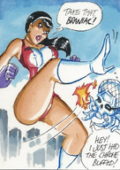 breasts drawing giantess panties city mega upskirt black_hair color large_breasts long_hair blue_eyes skirt high_heels buildings gloves spaceship boots kick costume lois_lane doom_patrol headband dialogue joe_gravel dc_comics bare_legs elasti-girl brainiac