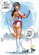 breasts drawing giantess panties city mega upskirt black_hair color large_breasts long_hair butt blue_eyes skirt high_heels buildings gloves boots vehicles batman costume lois_lane looking_back cape doom_patrol headband vehicle_crush dialogue joe_gravel dc_comics bare_legs batmobile elasti-girl