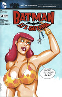 breasts drawing giantess mega color large_breasts long_hair cleavage bra green_eyes giganta red_hair comic_cover batman costume between_fingers cape bracelet dialogue joe_gravel leopard_print no_background pinched looking_at_tiny dc_comics bare_midriff