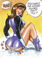 breasts drawing giantess mega blonde color large_breasts long_hair butt cleavage skirt high_heels butt_crush brunette smiling gloves costume looking_back doom_patrol headband dialogue power_girl joe_gravel dc_comics bare_legs elasti-girl rita_farr