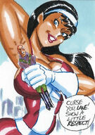 breasts drawing giantess city mega black_hair color large_breasts long_hair blue_eyes handheld cleavage buildings gloves humiliation giantesses costume superman lois_lane doom_patrol belt headband dialogue joe_gravel lex_luthor looking_at_tiny dc_comics elasti-girl