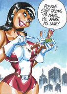 breasts drawing giantess panties city mega black_hair color large_breasts long_hair blue_eyes handheld skirt buildings smiling gloves red_hair costume superman lois_lane doom_patrol belt headband dialogue joe_gravel poking looking_at_tiny dc_comics bare_legs elasti-girl jimmy_olsen