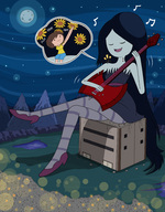 drawing gentle giantess black_hair color long_hair destruction clothed high_heels buildings sitting vampire fangs outdoors guitar trees adventure_time legs_crossed concert sitting_on_building marceline on_shoulder thedaibijin grey_skin instrument cartoon_network