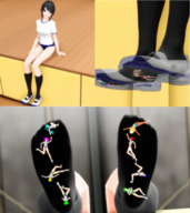 blushing black_hair in_shoe sitting black_eyes shrunken_woman looking_at_viewer digital_render tfwnogiantgf