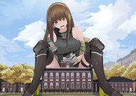 drawing giantess color large_breasts destruction brunette brown_eyes sitting_on_building girls_frontline m4a1_(girls_frontline)