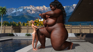 bikini nude swimsuit huge_breasts brunette brown_eyes smiling mini_giantess bbw kneeling belly pool mountains dark_skin outdoors thick_thighs looking_at_tiny digital_render galiagan stretch_marks