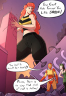 breasts drawing giantess city mega black_hair color long_hair armor destruction rampage cleavage buildings angry brunette low_angle red_hair unaware skyscraper mask hand_crush pants hiding outdoors freckles costume top belt dialogue tiara sign searching debris mary_jane spider-man spider-woman enchantress marvel_comics the_wasp cindy_moon silk bare_midriff caiman2 earth_20052 shockwave shocker jane_foster