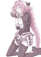 drawing gentle blushing color long_hair tongue giant male clothed licking handheld anime pink_hair unknown_artist kneeling kissing shrunken_person closed_eyes braid thigh_highs source_needed in_palm no_background femboy fate_(series) astolfo