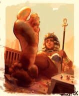 drawing giantess feet black_hair color clothed toes barefoot buildings soles anime egyptian short_hair sitting dark_skin outdoors jewelry staff nail_polish looking_at_viewer relaxing legs_crossed bangs rammzi