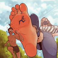 drawing giantess feet color long_hair clothed toes barefoot soles brunette low_angle scared foot_crush hand looking_down mask outdoors trees raised_foot running_away stuck_to_foot imminent_crush looking_at_tiny ozzidevs