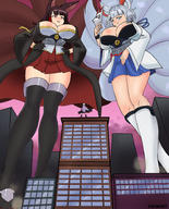 drawing giantess tail city mega color blue_eyes clothed cleavage red_eyes huge_breasts brunette gloves looking_down giantesses grey_hair fox_girl hands_on_hips pointed_ears kaga azur_lane dakunart amagi