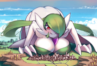 drawing giantess pokemon blushing giga city color large_breasts long_hair butt cleavage buildings red_eyes smiling green_hair dress gardevoir looming looking_down outdoors all_fours commission pale_skin one_eye_covered gareit0 looking_at_tinies lime-knight alexis_(lime-knight)