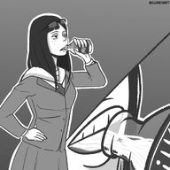 drawing vore monochrome long_hair clothed water glasses anime uniform unaware shrunken_man open_mouth drinking freckles panels bangs imminent_vore no_background water_bottle in_drink guireyart10 keep_your_hands_off_eizouken kanamori_sayaka