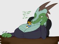 drawing furry dragoness horns anthro dragon color large_breasts clothed text cleavage angry sitting raccoon shrunken_man reptile nervous writing annoyed on_table threatening office_lady sharp_teeth t-bone scalie no_background looking_at_tiny robomax between_breasts anita