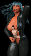 nipples nude large_breasts long_hair cum penis pubic_hair blue_hair smiling mini_giantess handjob shrunken_man dark_skin inside_clothing semi_nude looking_away unzipped bangs no_background digital_render skintight_clothing clothing_entrapment between_breasts araven72 hand_play