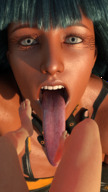 vore long_hair blue_eyes blue_hair high_angle open_mouth dangle dark_skin long_tongue point_of_view looking_at_viewer bangs imminent_vore looking_at_tiny digital_render araven72