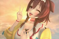 gentle giantess long_hair clothed anime brunette smiling fangs collar hugging braid looking_at_viewer winking dog_girl on_chest digital_render dog_ears peace_sign between_breasts atomicsfm inugami_korone