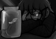 drawing monochrome long_hair clothed glasses sitting shrunken_man trapped jar freckles looking_away in_jar on_table bangs looking_at_tiny inverseautotroph